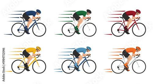 A simple yet dynamic flat vector showing a road cyclist in action, with flowing speed lines to suggest rapid movement