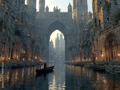 A magical medieval canal city with stone buildings, a grand arch bridge, towering gothic cathedrals, and wooden boats floating on calm, reflective water at golden hour.