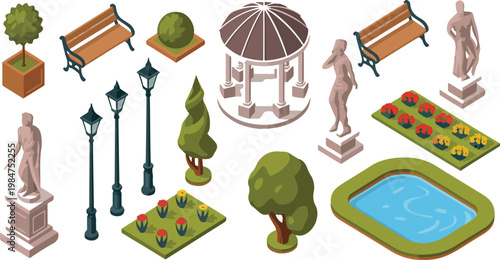 Urban park isometric landscape elements set with benches, statues, lakes and trees, modern city outdoor environment flat vector illustration isolated