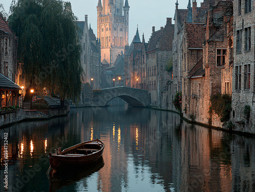 A magical medieval canal city with stone buildings, a grand arch bridge, towering gothic cathedrals, and wooden boats floating on calm, reflective water at golden hour.