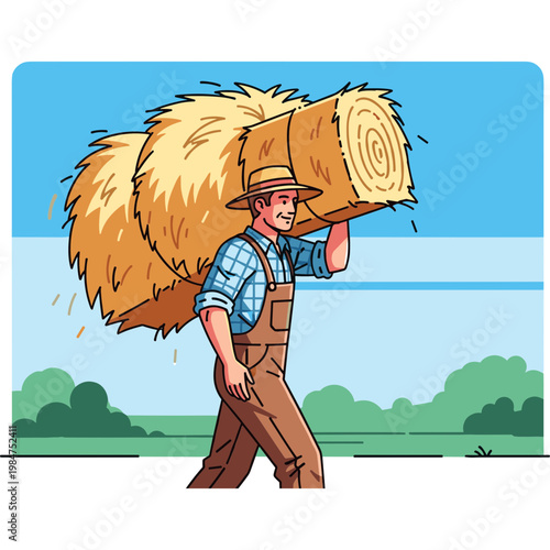 Man carrying large hay bale across green field on sunny day
