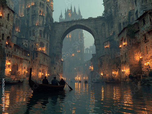 A magical medieval canal city with stone buildings, a grand arch bridge, towering gothic cathedrals, and wooden boats floating on calm, reflective water at golden hour.