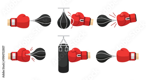 A flat design illustration of a boxing glove punching a speed bag, clean geometric lines, no stroke, bold solid colors, isolated on a pure white background.
