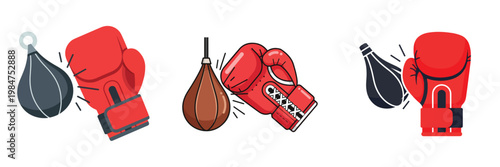 A flat design illustration of a boxing glove punching a speed bag, clean geometric lines, no stroke, bold solid colors, isolated on a pure white background.