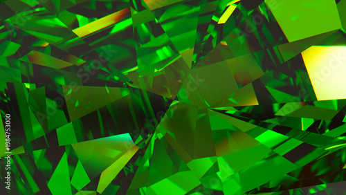 Emerald Gemstone Facets – Abstract Green Crystal Background, Radiant emerald crystal close-up with sharp prismatic facets; vibrant green abstract texture for luxury branding, posters, and web design.
