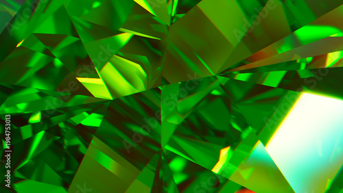 Emerald Gemstone Facets – Abstract Green Crystal Background, Radiant emerald crystal close-up with sharp prismatic facets; vibrant green abstract texture for luxury branding, posters, and web design.