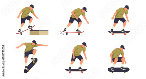 A flat vector design set of a skateboarder doing an "Ollie," simplified shapes, no outlines, street-style aesthetic, isolated on a pure white background.