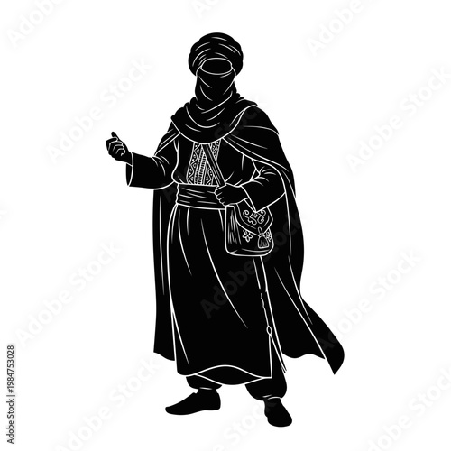 A character in a traditional Berber dress with intricate designs, a concept of indigenous culture and artisan craftsmanship