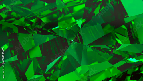 Emerald Gemstone Facets – Abstract Green Crystal Background, Radiant emerald crystal close-up with sharp prismatic facets; vibrant green abstract texture for luxury branding, posters, and web design.