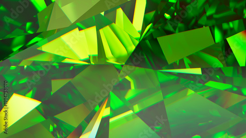 Emerald Gemstone Facets – Abstract Green Crystal Background, Radiant emerald crystal close-up with sharp prismatic facets; vibrant green abstract texture for luxury branding, posters, and web design.