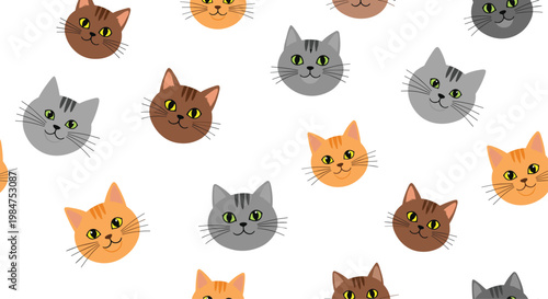 Colorful seamless pattern of friendly cartoon cat faces in orange, grey, and brown colors scattered over a clean white background for pet lovers.