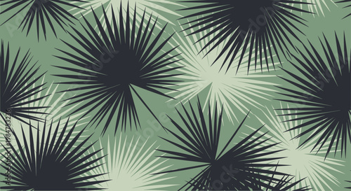 Modern seamless pattern featuring silhouettes of dark and light palm leaves on a muted sage green background for tropical fashion and textiles.