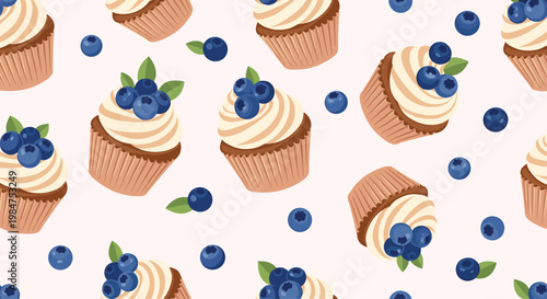 Tempting seamless pattern of chocolate cupcakes with vanilla frosting and fresh blueberries on a light pink background for sweet stationery.