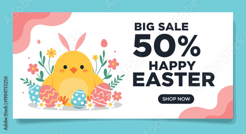 Happy Easter big sale banner with a cute chick wearing bunny ears surrounded by colorful eggs and flowers on a blue and pink background.