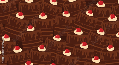 Indulgent seamless pattern of dense chocolate layer cakes with vanilla cream and a red cherry on top for bakery and dessert shop backgrounds.