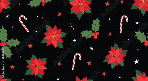 Christmas holiday seamless pattern featuring red poinsettias, holly berries, candy canes, and stars on a black background.