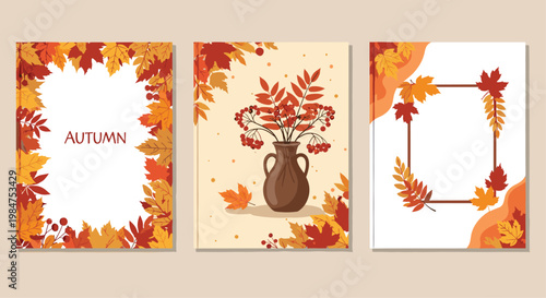 Set of three autumn book covers featuring maple leaves, rowan berries, and a vase of branches in warm fall colors.