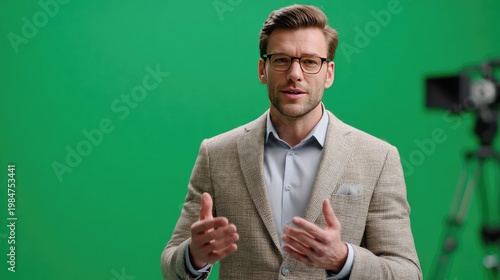 Focused Speaker in Green Backdrop: A composed individual in glasses and a suit jacket, gesturing confidently against a vibrant green backdrop, conveying professionalism and expertise.