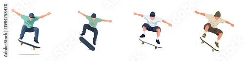 A flat vector design set of a skateboarder doing an "Ollie," simplified shapes, no outlines, street-style aesthetic, isolated on a pure white background.