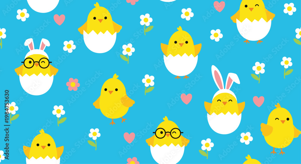 Naklejka premium Playful easter holiday pattern with baby chicks wearing bunny ears and glasses scattered on a vibrant turquoise blue background.