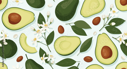 Fresh and healthy seamless pattern of avocado halves with pits and white citrus blossoms on a light blue pastel background.