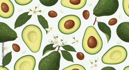 Realistic avocado seamless pattern showcasing whole fruits, halves with pits, and delicate white blossoms on a light background.