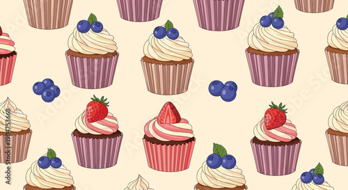 Delicious dessert pattern featuring assorted cupcakes topped with vanilla frosting, fresh strawberries, and ripe blueberries.