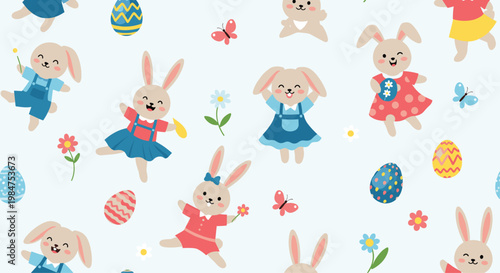 Joyful easter pattern with cute cartoon bunnies in colorful outfits dancing among decorated eggs and spring garden flowers.