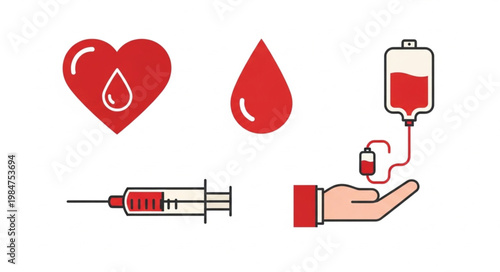 Medical blood donation icons and symbols for healthcare and science.