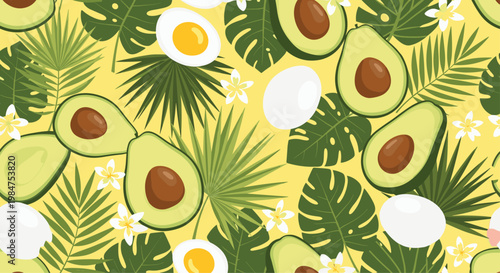 Tropical seamless pattern featuring halved avocados, fried eggs, palm leaves, and white flowers on a vibrant yellow background.