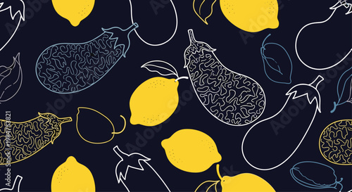 Seamless pattern of hand drawn eggplants and lemons on a dark background, perfect for kitchen textiles and wrapping paper.