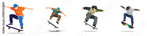 A flat vector design set of a skateboarder doing an "Ollie," simplified shapes, no outlines, street-style aesthetic, isolated on a pure white background.
