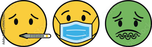 Illustrative depiction of illness and preventative measures with three cartoon face emojis showing sickness stages