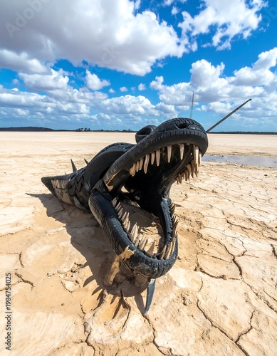 Black serpentine sculpture on cracked, arid land beneath a blue sky and fluffy clouds