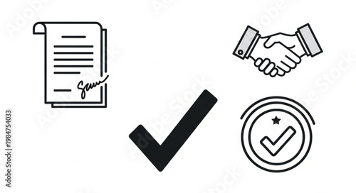 Agreement and success icons with handshake and checkmark.
