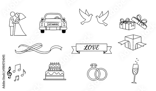 Simple wedding icons set couple doves car gift outline vector illustration