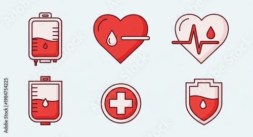 Medical icons representing blood donation and healthcare services.