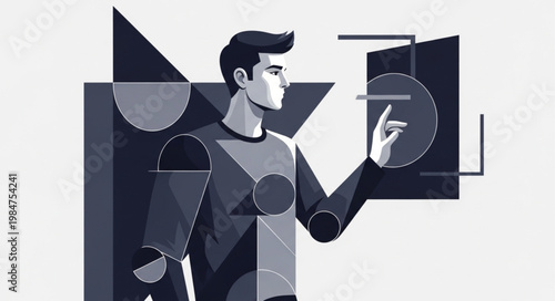 Stylized male interacting with touchscreen interface.