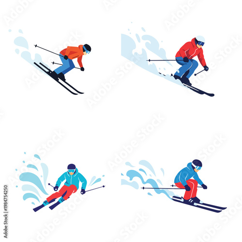 Minimalist flat vector of a downhill skier, simplified snow spray, no outlines, isolated on a pure white background.
