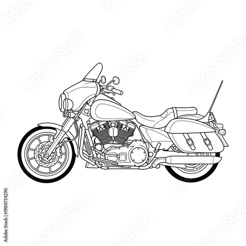 Detailed illustration of a classic cruiser motorcycle with side bags