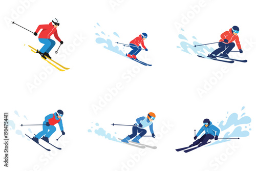 Minimalist flat vector of a downhill skier, simplified snow spray, no outlines, isolated on a pure white background.