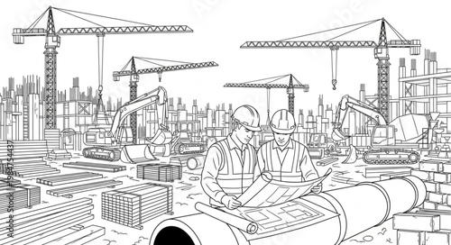 Tower Cranes Lifting Heavy Materials At Construction Site.