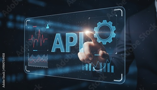 Hand interacting with A P I interface on transparent screen with graphs and gear application programming interface