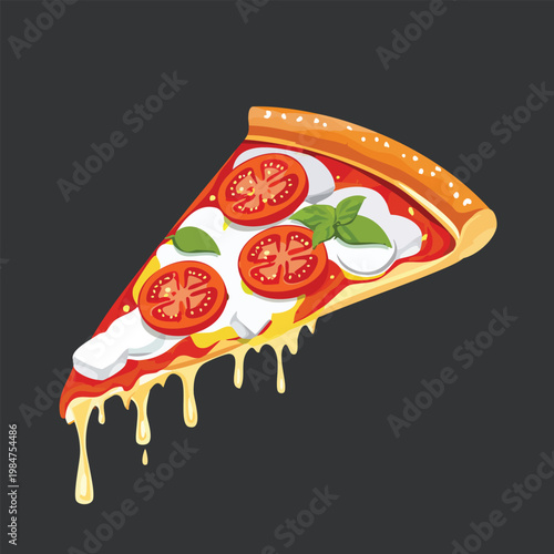 Delicious pizza slice with fresh tomatoes basil and cheese against a dark backdrop