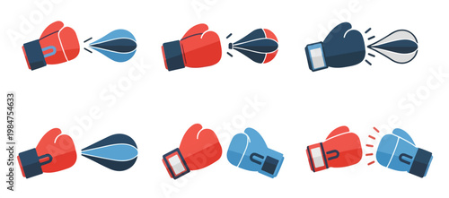 A flat design illustration of a boxing glove punching a speed bag, clean geometric lines, no stroke, bold solid colors, isolated on a pure white background.