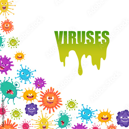 Viruses. background corner design with bacteria and viruses with emotional faces