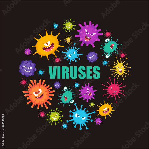 Viruses. circle shape design with different bacteria and viruses in cartoon