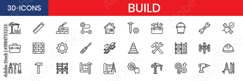 Build Thin Line Icon Set Construction Tools And Blueprint