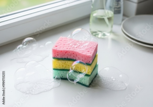 Stacked colorful sponge wrapped in plastic on a countertop