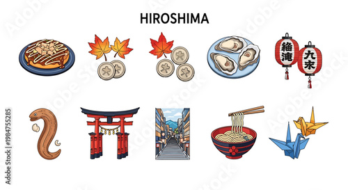 Hiroshima Japan travel food culture icons set with landmarks and symbols